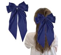 Blue Hair Bow Big Hair Bows for Women, Solid Color Bow Hair Clips with Long Ribbon, French Blue Bow Hair Clip Soft Satin Silky Hair Bows Cute Gifts for Women Girls (Navy Blue)