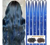 Blue Hair Tinsel Set with Tools, 6 Pieces 1200 Strands Glitter Heat Resistant Sparkling Shiny Fairy Hair Accessories for Women Girls Kids 47 Inch