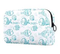 Blue Hand Drawn Fish Pattern Swim Cosmetic Bag for Women, Travel Toiletries Bags Large Makeup Handy Pouch Organiser Bag with Zipper