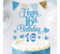 Blue Happy 16th Birthday Cake Decorations, Glitter 16th Birthday Cake Toppers Set and Numeral 16 Candles for Birthday Party Supplies, Heart Star Cupcake Decorations