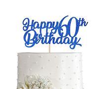 Blue Happy 60th Birthday Cake Topper, Royal Blue Glitter Cheers To 60 Years Party Cake Decorations, Supply