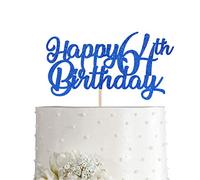 Blue Happy 64th Birthday Cake Topper, Royal Blue Glitter Cheers To 64 Years Party Cake Decorations, Supply