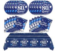Blue Happy 80th Birthday Tableware Set - Navy Blue & Silver Plates, Napkins, Tablecloth for 60th Anniversary Party Decorations