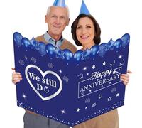 Blue Happy Anniversary Decorations, Silver Navy Blue Jumbo Happy Anniversary Card Large Wedding Anniversary Guest Signature Book Marriage Party Favors Decor Big Giant Gifts Greeting Card for Men Women