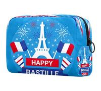 Blue Happy Bastille Day 14 July Cosmetic Bag for Women, Travel Toiletries Bags Large Makeup Handy Pouch Organiser Bag with Zipper