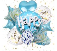 Blue Happy Birthday Balloon Set - 23 Inch, Big, Pack of 9 Happy Birthday Mylar Balloons, Blue Star Foil Balloon Party Decorations