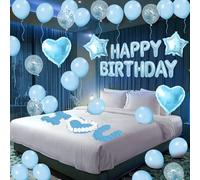 Blue Happy Birthday Balloons Decorations Light Blue Birthday Balloon Letters Banner with Star Heart Balloons 1000 Pcs Artificial Rose Petals 24 Flameless LED Candles for Hotel Birthday Party Supplies