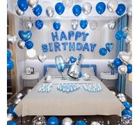 Blue Happy Birthday Decorations for Men Women Birthday Balloon Letters Banner with Heart-Shaped Champagne Bottle Wine Glass Balloons Rose Petals