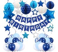 Blue Happy Birthday Decorations Set for Boys, 46Pcs Blue Birthday Banner and Balloon for Boys, Men with Honeycomb Balls, Foil Star Balloons, Hanging Swirls & Matching Balloons