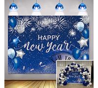 Blue Happy New Year Backdrop 2026 New Year Eve Party Photography Background Fireworks Navy Blue Silver Glitter Sequin New Years Party Deocr Supplies Banner Gift Ideas Favor (7X5FT(84x60 inch))