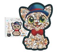 Blue Hat Cat Shaped Educational Puzzle, Colored Wooden Artistic Jigsaw, Unique Animal Challenging Game, with Frame Display Stand, for Adults Kids Family Creative GiftLovers Home Decor