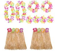 Blue Hawaiian Hula Skirt and Lei Set X2 - Flower Necklace, Headband and Bracelet - 30cm Grass Hula - Luau - Fancy Dress Costume Accessory