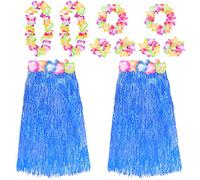 Blue Hawaiian Hula Skirt and Lei Set X2 - Flower Necklace, Headband and Bracelet - 80cm Grass Hula - Luau - Fancy Dress Costume Accessory