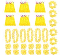 Blue Hawaiian Hula Skirt and Lei Set X3 - Flower Necklace, Headband and Bracelet - 30cm Grass Hula - Luau - Fancy Dress Costume Accessory