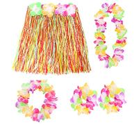 Blue Hawaiian Hula Skirt and Lei Set X6 - Flower Necklace, Headband and Bracelet - 30cm Grass Hula - Luau - Fancy Dress Costume Accessory