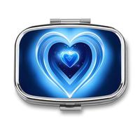 Blue Heart Pill Box 2 Compartment, Portable Pill Case with Mirror for Pocket Purse Travel, Mini Metal Medicine Organizer for Vitamins Fish Oil