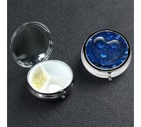 Blue Heart Pill Box 3 Compartment Round Portable Pill Case for Pocket or Purse Small Weekly Medicine Planner Travel Pillbox with Mirror Decorative Metal Vitamin Holder Gifts