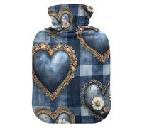 Blue Hearts Blue Gingham Denim Brown Lace Accent hot Water Bottle with Soft Cover, 1L hot compresses for The Body for Hand Feet Warmer,Hand Feet Warmer,Bolsa para agua Caliente