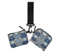 Blue Hearts Plaid Check Brown Lace Accent Women's Dual Wallets Business Card Cases Mini Fashion Credit Card Wallet Case with Keychain for Lady 2 Packs, blue hearts Plaid Check brown lace accent, One