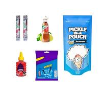 Blue Heat Chamoy Candy Pickle Kit - Includes 1 x Blue Heat Chips 55g, 1 x Chamoy Gusano, 1x Minitajin, 2x Fruit Rollup, 1x American Pickle in pounch - Ultimate Spicy Snack Gift Set