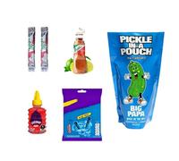 Blue Heat Chamoy Candy Pickle Kit - Includes 1 x Blue Heat Chips 55g, 1 x Chamoy Gusano, 1x Minitajin, 2x Fruit Rollup, 1x American Pickle in pounch - Ultimate Spicy Snack Gift Set