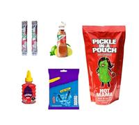 Blue Heat Chamoy Candy Pickle Kit - Includes 1 x Blue Heat Chips 55g, 1 x Chamoy Gusano, 1x Minitajin, 2x Fruit Rollup, 1x American Pickle in pounch - Ultimate Spicy Snack Gift Set