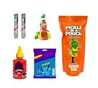 Blue Heat Chamoy Candy Pickle Kit-Includes 1x Blue Heat Chips 55g, 1x Chamoy Gusano,1x Minitajin, 2xFruit Rollup,1x American Pickle in pounch-Ultimate Spicy Snack Gift Set (Sour Sis Pickle Kit)