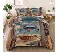 Blue Helicopter Duvet Cover Set Twin Size, High-Rise Building Bedding Set, White Rose Basket Comforter Cover with 2 Pillow Shams, Comfy Breathable Lightweight Modern Urban Romance Comforter Cover