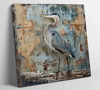 Blue Heron Canvas Wall Art Weathered Rustic Wall Decor Coastal Beach Houses Great Blue Heron Paintings Prints Poster Coastal Birds for Living Room Bedroom Office Home Decoration(Framed,20×20 Inch)
