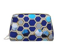Blue Hexagons and Diamond Leather Hand-Held Zipper Makeup Bag Pen Case Stationery Box Lipstick Pouch Toiletry Bag