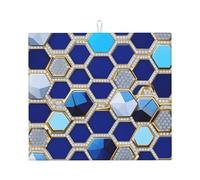 Blue Hexagons and Diamond Print Drying Mat Absorbent Kitchen Counter Heat Resistant Reusable Quick Dry Utensil Pad