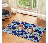 Blue Hexagons and Diamond print Pet Food Mat Absorbent Non-Slip PU Leather Feeding Mat for Dogs Cats Pet Bowl Placemat