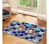 Blue Hexagons And Diamond Printing Pet Absorbent Leather Tablecloth For Dogs Cats Food Mat 23.62in*15.75in 4mm Thick