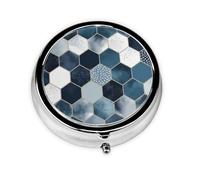 Blue Hexagons and Diamonds Printed Round Pill Organizer with 3 Compartments, Portable Mini Pill Box Pill Case for Medicine, Vitamin, Fish Oil, Supplements