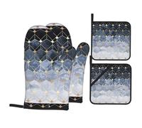 Blue Hexagons And Diamonds Printing Oven Mitts And Pot Holders 4 Piece Set, Durable Heat Resistant Hot Pads For Kitchen Cooking