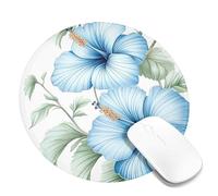 Blue Hibiscus Floral Desk Mouse Pad, Aqua Watercolor Flower Stitched Edge Mousepad, Rubber Non-Slip Washable Gaming Mouse Pad for Home and Office Computer, Laptop Round 8x8 Inch
