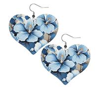 Blue hibiscus flower Leather Earrings for Women Heart Earring Lightweight Dangle Earrings Jewelry Gifts