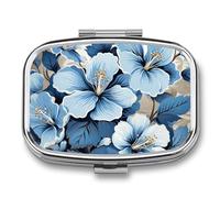 Blue Hibiscus Flower Pill Box 2 Compartments Portable Travel Pill Case Mini Medicine Organizer for Pocket Purse Metal Waterproof Medicine Container Holder Vitamin Fish Oil