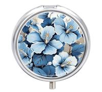 Blue Hibiscus Flower Pill Box 3 Compartment Small, Personalized Pill Organizer with Mirror, Portable Pill Case for Pocket Or Purse, Round Pill Containe Travel Gifts, Pill Holder