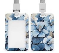 Blue Hibiscus Flower Sliding Id Badge Holder Heavy Duty Waterproof Badge Clip Plastic Key Card Work Holder Case Vertical Sleeve Pocket for Teacher Student