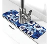 Blue Hibiscus Print Stone Faucet Mat for Kitchen Sink,Diatomite Absorbent Mat, Tap Splash Guard for Bathroom Kitchen (15" X 5.5" )