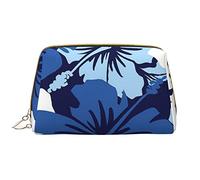 Blue Hibiscus Printed Leather Makeup Bag for Women Girls - Portable Travel Cosmetic Organiser Toiletry Bag