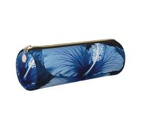 Blue Hibiscus Printed Leather Pencil Case Cute Stationery Organizer Round Makeup Bag Pen Pouch, Gold Zipper