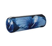 Blue Hibiscus Printed Leather Pencil Case Cute Stationery Organizer Round Makeup Bag Pen Pouch, Silver Zipper