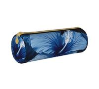 Blue Hibiscus Printed Leather Pencil Case Round Pen Pencil Pouch Office Large Pencil Bag Stationery Box for Men Women Teens Students
