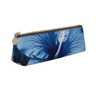 Blue Hibiscus Printed Zipper Pencil Case Cute Stationery Organizer PVC Leather Triangle Makeup Bag Pen Pouch