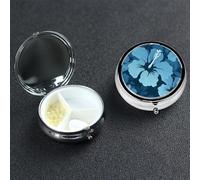 Blue Hibiscus Round Pill Box 3 Compartment Cute Travel Pill Organizer Case Portable Medicine Vitamin Organizer Metal Pill Case for Women Men Travel Unique Gift