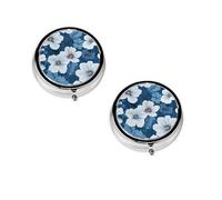 (Blue Hibiscus) Round Pill Box with 3 Compartment Small Pill Organizer Portable Pill Case Vitamin Containers, Travel Essentials 4.6x4.6x1.8 cm