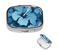 Blue Hibiscus Square Metal Pill Box 2 Compartment Cute Travel Pill Organizer Case Portable Medicine Vitamin Organizer Pill Case for Women Men Travel Unique Gift