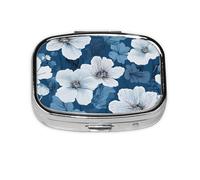 (Blue Hibiscus) Square Pill Box with 2 Compartment Small Pill Organizer Portable Pill Case Vitamin Containers, Travel Essentials 5.5x4x1.8 cm